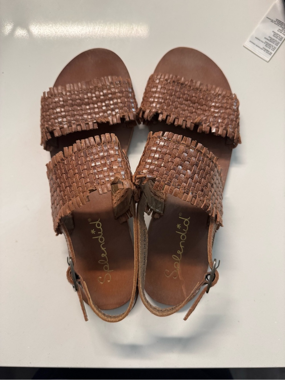 Splendid Tan Woven Leather Slide Sandals with Ankle Strap